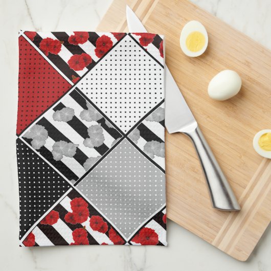 Linge De Cuisine Blanc noir avec patchwork rétro rouge (Quart Plié)