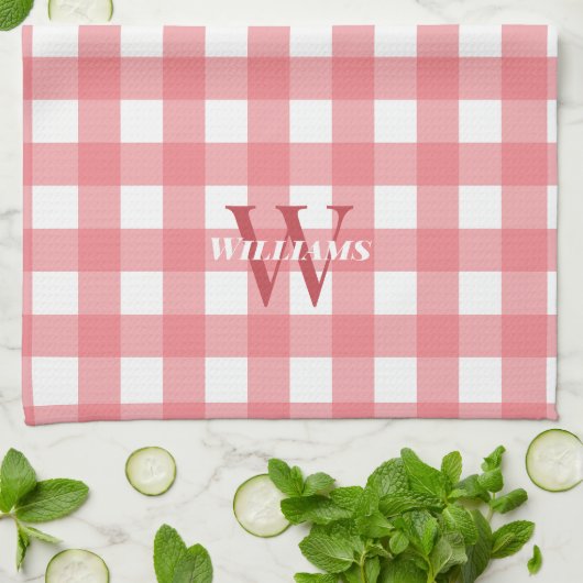 Linge De Cuisine Blanc rose En vichy Nom et initiale (Plié)