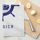 Linge De Cuisine Blancs Paisley Damas & Bleu Nautique Bateau Roue (Quart Plié)