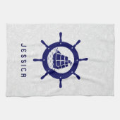 Linge De Cuisine Blancs Paisley Damas & Bleu Nautique Bateau Roue (Horizontal)