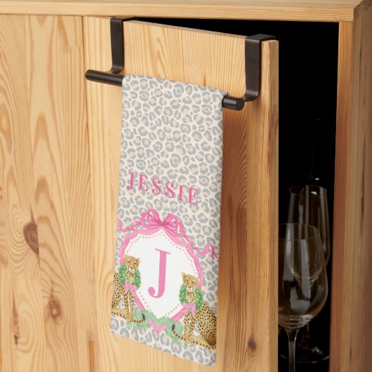 Linge De Cuisine Blason de Noël Léopard Monogrammé avec Nom (Pliage en tiers)