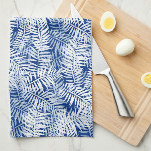 Linge De Cuisine Bleu avec motif tropical blanc