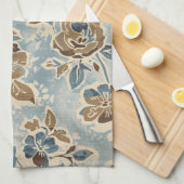 Linge De Cuisine Bleu Brun Marron Floral Rustique (Quart Plié)