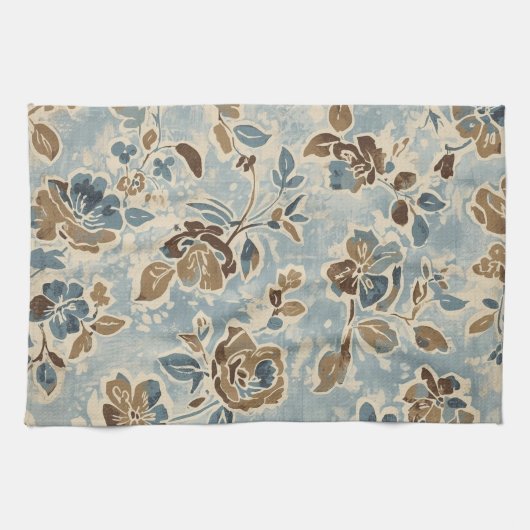 Linge De Cuisine Bleu Brun Marron Floral Rustique (Horizontal)