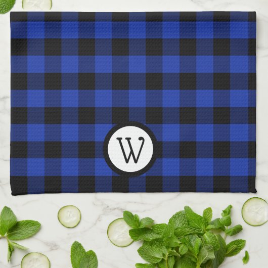 Linge De Cuisine Bleu clair et noir Buffalo plaqué avec Monogramme (Plié)