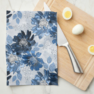 Linge De Cuisine Bleu clair, fleurs bleu foncé sur gris clair