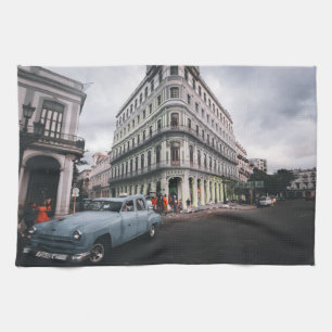 Linge De Cuisine Bleu Classic Vintage Car Cityscape