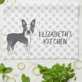 Linge De Cuisine Bleu Et Blanc Boston Terrier Dessin Chien Et Texte (Plié)