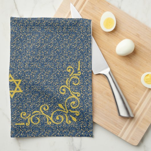 Linge De Cuisine Bleu et or ton baroque Flourdissant lavage de main (Quart Plié)