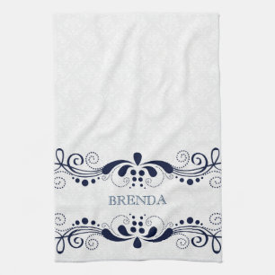 Linge De Cuisine Bleu foncé Élégant Flore Fils Cadre Monogramme