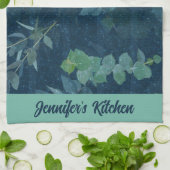 Linge De Cuisine Bleu foncé et Feuilles verts Turquoises (Plié)