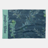 Linge De Cuisine Bleu foncé et Feuilles verts Turquoises (Horizontal)