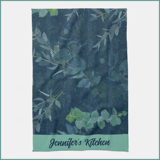 Linge De Cuisine Bleu foncé et Feuilles verts Turquoises