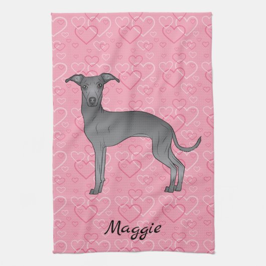 Linge De Cuisine Bleu Italien Greyhound Chien mignon Sur Coeur Rose (Vertical)