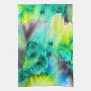 Linge De Cuisine Bleu Marbre vert Tie teint aquarelle