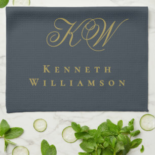 Linge De Cuisine Bleu marine Or Monogramme Nom Minimaliste Chic Hom