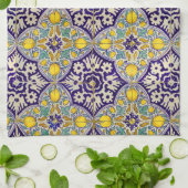 Linge De Cuisine Bleu Méditerranée Motif Fleurs Jaunes (Plié)