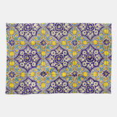 Linge De Cuisine Bleu Méditerranée Motif Fleurs Jaunes (Horizontal)