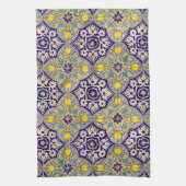 Linge De Cuisine Bleu Méditerranée Motif Fleurs Jaunes (Vertical)