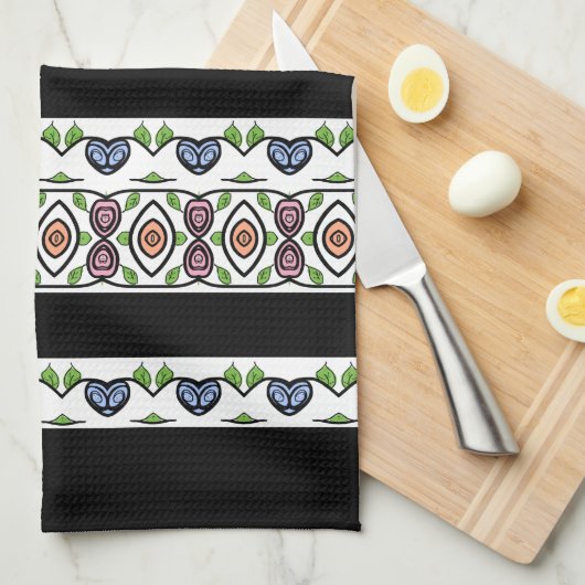 Linge De Cuisine Bleu noir et rose avec orange (Quart Plié)