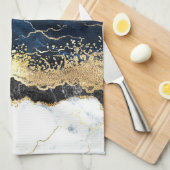 Linge De Cuisine Bleu noir Marbre blanc (Quart Plié)