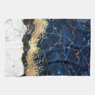 Linge De Cuisine Bleu noir Marbre blanc