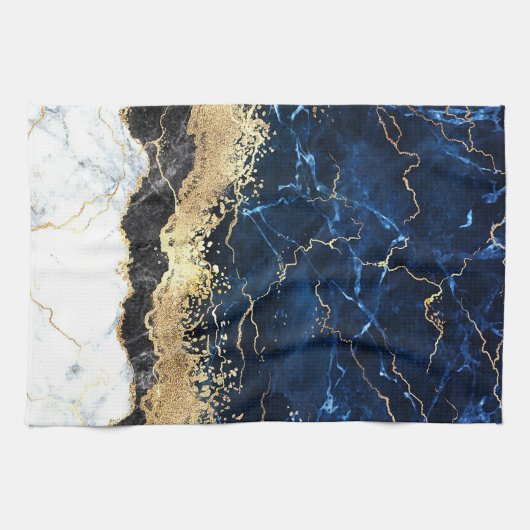 Linge De Cuisine Bleu noir Marbre blanc (Horizontal)