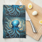 Linge De Cuisine Bleu Octopus Acrylique Abstraite, (Quart Plié)