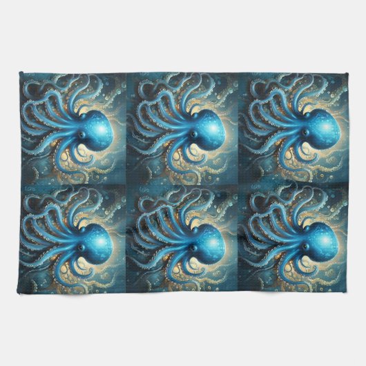 Linge De Cuisine Bleu Octopus Acrylique Abstraite, (Horizontal)