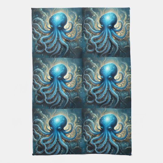 Linge De Cuisine Bleu Octopus Acrylique Abstraite, (Vertical)