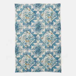 Linge De Cuisine Bleu Or & Blanc Carrelage Talavera Azulejo Aspect 