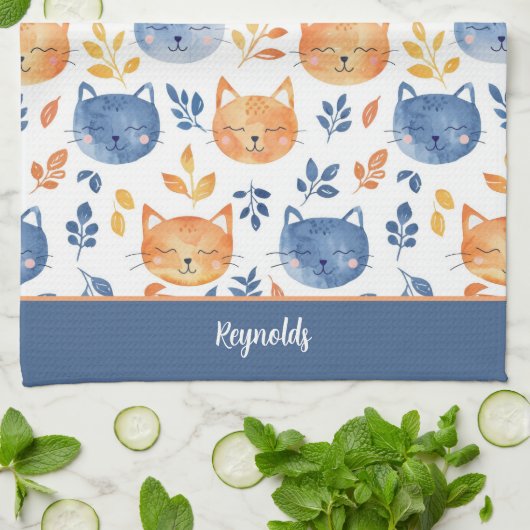 Linge De Cuisine Bleu Orange Joyeux Chat Visages (Plié)