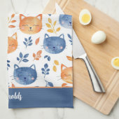 Linge De Cuisine Bleu Orange Joyeux Chat Visages (Quart Plié)