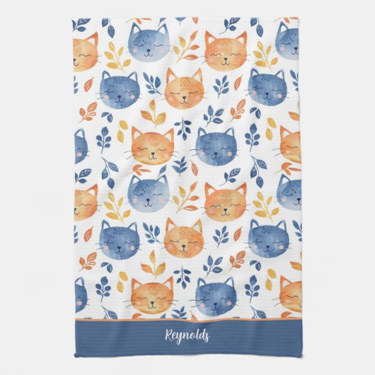 Linge De Cuisine Bleu Orange Joyeux Chat Visages (Vertical)