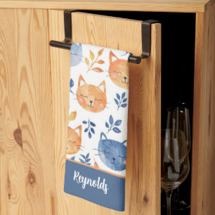 Linge De Cuisine Bleu Orange Joyeux Chat Visages