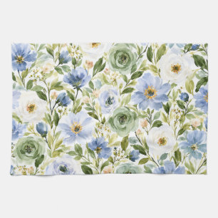 Linge De Cuisine Bleu pastel et floral aquarelle vert sauge