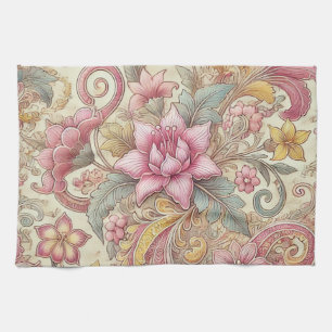 Linge De Cuisine Bleu rose Jaune indonésien Batik Boho Aquarelle