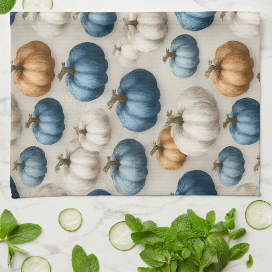 Linge De Cuisine Bleu rustique et Citrouilles neutres (Plié)