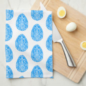 Linge De Cuisine Bleu Rustique Floral Oeuf de Pâques Linocut (Quart Plié)