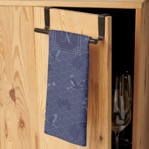 Linge De Cuisine Bleu traditionnel japonais Vague Seigaiha Monogram