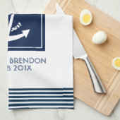 Linge De Cuisine Bleu Trappe Avec Ancre Bleue Nautique Blanc (Quart Plié)