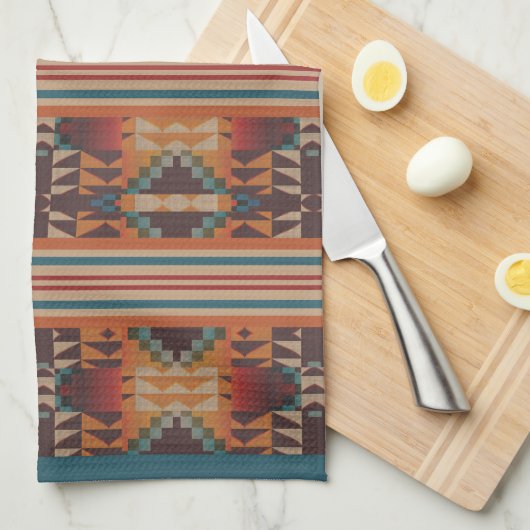 Linge De Cuisine Bleu turquoise Beige Rouge foncé Art Tribal Brown (Quart Plié)