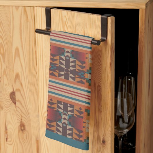 Linge De Cuisine Bleu turquoise Beige Rouge foncé Art Tribal Brown (Pliage en tiers)