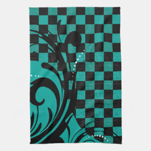 Linge De Cuisine Bleu turquoise tourbillonnant Checkered du motif