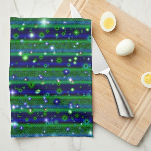 Linge De Cuisine Bleu vert rayures avec étoiles et Raindrops (Quart Plié)