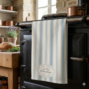 Linge De Cuisine Bleu vintage et rayures crème, style campagne fran