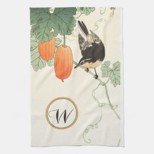 Linge De Cuisine Bloc japonais Imprimer Oiseau Orange Fruit Monogra
