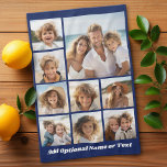 Linge De Cuisine Blue 9 Photo Carré Collage - avec script blanc<br><div class="desc">Vous pouvez utiliser des photos carrés ou selfies pour cette conception. Utilisez huit photos carrés pour créer un cadeau unique et personnel. Si vous avez besoin d'ajuster les images,  cliquez sur l'outil personnaliser pour apporter des modifications.</div>