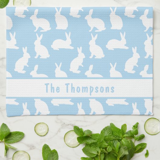 Linge De Cuisine Blue And White Bunny Pattern And Name Easter (Plié)