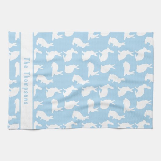 Linge De Cuisine Blue And White Bunny Pattern And Name Easter (Horizontal)